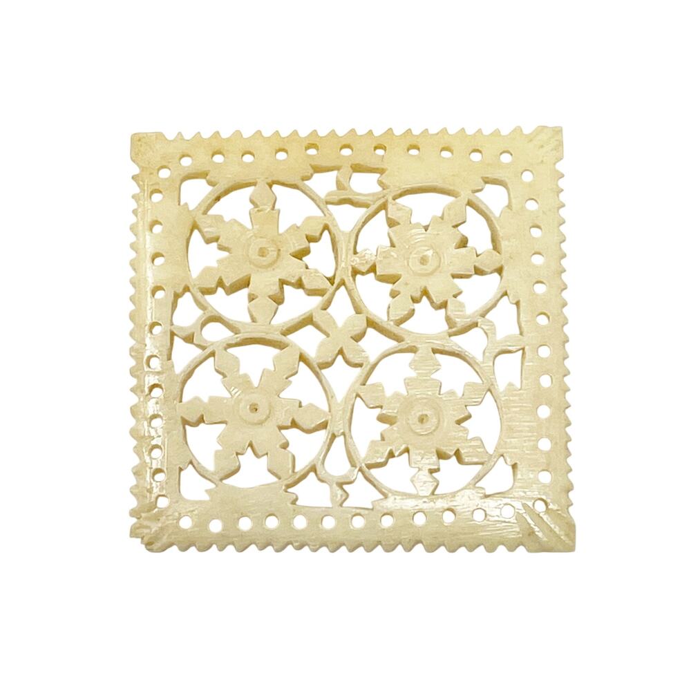 Vintage Celluloid Carved Pin Brooch Square Intricate Delicate Cottage Whimsy